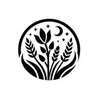 Symbolic Black and White Circular Illustration Featuring a Stylized Floral Arrangement with Stars and Crescent Moon, Evoking Nature, Serenity, and Growth. vector