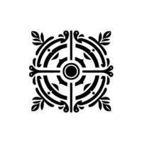 Symmetrical Black and White Ornamental A Geometric Floral Medallion with Circular and Linear Elements on a White Background. vector