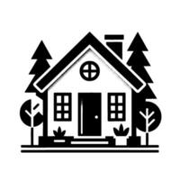 Monochromatic illustration of a charming house nestled amidst stylized trees and foliage, evoking a sense of peaceful living. vector