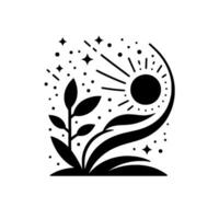 Serene Black and White Illustration Sunburst, Foliage, and Celestial Elements on a White Background, Depicting Nature and Cosmos in Harmony. vector