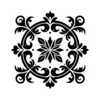 Symmetrical Black and White Floral with Scrollwork and Central Starburst Motif vector