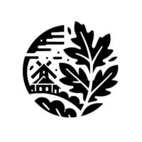 A stylized black and white emblem showcasing a windmill, landscape, and oak leaf motif enclosed within a circle, symbolizing nature and heritage. vector