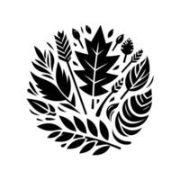 Black and White Circular Composition Stylized Assortment of Various Leaves, Buds, and Botanical Elements Forming an Artistic Emblem. vector