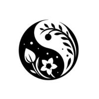Yin Yang symbol reimagined with floral and botanical elements, conveying harmony and balance in a clean, minimalist , set against a plain white background. vector