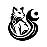 A minimalist black and white featuring a stylized fox with a heart symbol on its side, combined with a crescent moon and a circle. vector