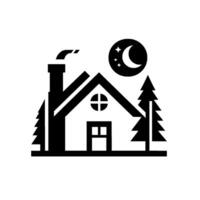 Black and white silhouette of a cozy cabin under a crescent moon and stars, nestled between two stylized evergreen trees, conveying tranquility. vector