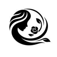 Elegant Black Silhouette of a Womans Profile, Intertwined with Rose and Foliage, Forming a Circular on White Background. vector