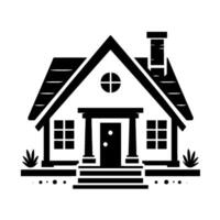 Clean Black and White Illustration of a Classic Cottage with a Chimney, Windows, and a Simple Garden, evoking feelings of Home and Comfort. vector