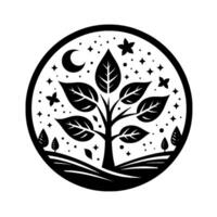 Serene Black and White Circular A tree blossoms under a starry night sky with a crescent moon, framed by a minimalist landscape. vector