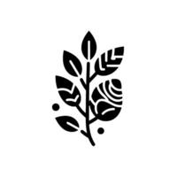 Stylized minimalist black and white botanical illustration featuring a detailed rose and leafy stem with small dots, set against a clean white background. vector