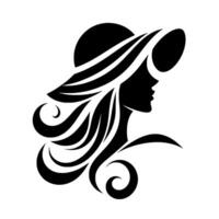 Elegant Silhouette of a Woman in a WideBrimmed Hat with Flowing Hair, a Black and White Minimalist Representing Beauty and Sophistication. vector