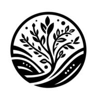 A minimalist black and white circular depicting a stylized tree with leaves and dots, set against a layered, flowing landscape. vector