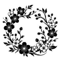 Elegant Black and White Floral Wreath A Delicate Arrangement of Cherry Blossoms and Leaves, Creating a Circular Frame. vector