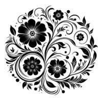 Ornate black floral arranged in a circular pattern, showcasing stylized blooms, leaves, and flowing vines on a white background, creating a symmetrical and elegant composition. vector