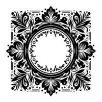 Intricate Black and White Ornamental A Symmetrical Floral and Circular Frame, Featuring Detailed Foliage and Geometric Elements on a White Background. vector