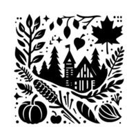 A Black and White Autumnal Silhouetted Composition Featuring a House, Trees, and Seasonal Elements, Evoking Warmth. vector
