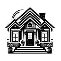 Monochromatic architectural illustration of a charming house with decorative details, featuring cross motifs, potted plants, and a stylistic sun, showcasing symmetrical . vector