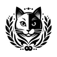 A symmetrical black and white cat head illustration, encircled by laurel leaves, featuring a split face and stylized details, evoking a heraldic or symbolic appearance. vector