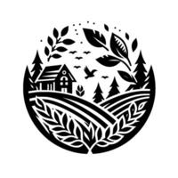 Circular Monochrome Illustration of a Rural Landscape with a House, Trees, Wheat Fields, and Birds in a Flat, Style vector