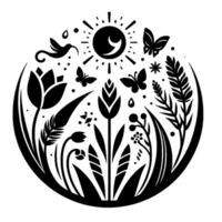 Circular Monochrome Illustration Blooming flora and fauna enclosed within a rounded frame, featuring a sun, moon, butterflies, and a hummingbird. vector