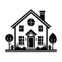 Minimalist Black and White Illustration of a House, Featuring Trees and Shrubs vector