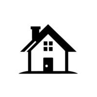 A minimalist black and white illustration of a house, featuring a chimney, roof, windows, and door, set against a clean white background. vector