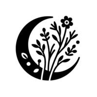 A black and white minimalist illustration featuring a crescent moon embracing floral elements, creating a balanced and serene . vector