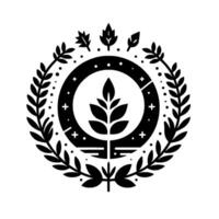 Monochromatic botanical emblem featuring a central plant motif encircled by a laurel wreath and assorted leaves. Emphasizes nature and minimalist , with balanced symmetry. vector