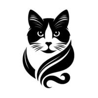 Stylized Black and White Cat Portrait with Graceful, Flowing Lines, Featuring a Tuxedo Cats Face and Ornate Detailing, Set Against a Clean White Background. vector