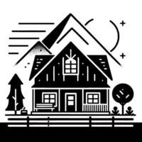Stylized Black and White Cabin in a Mountainous Landscape with Fence, Trees, and a Moon vector