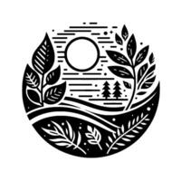 Minimalist Black and White Nature Illustration in Circle, Featuring Trees, Leaves, Sun, and Hills. vector
