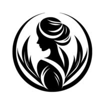 Elegant Silhouette of a Woman Surrounded by Stylized Foliage, Encased in a Circular Frame, Expressing Grace and Serenity. vector