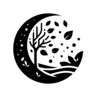 Minimalist Black and White Artwork Featuring a Crescent Moon Landscape, a Tree, Falling Leaves, and a Serene Horizon. vector