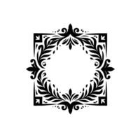 Elegant Black and White Floral Ornament Featuring a Square Frame and Circular Foliage Arrangement. vector