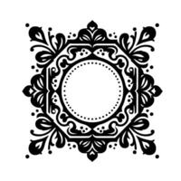 Intricate monochrome symmetrical ornate frame , featuring floral and scroll elements encircling a central dotted circle on a white backdrop. vector