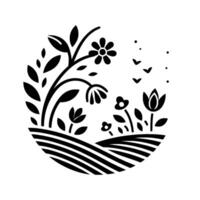 Black and White Floral Garden Scene in a Circular Frame with Flying Birds and Stylized Flora vector