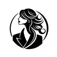 A sophisticated minimalist featuring a womans silhouette in a formal blazer within a circular frame, showcasing elegant lines, dark hair, and a distinct profile. vector