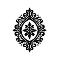 Elegant Black and White Ornamental Symmetrical floral motif in a framed oval, rich with swirling patterns and decorative elements. vector