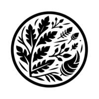 A stylized, circular black and white illustration featuring various botanical elements, including leaves, branches, and buds. vector