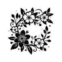 A symmetrical, elegant, black and white floral , featuring detailed blossoms, leaves, and decorative flourishes arranged in a circular composition with minimalist dots. vector