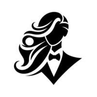 Silhouette of a Woman in a Tuxedo A stylish representation, featuring flowing hair and a bow tie, in a minimalist, highcontrast black and white . vector