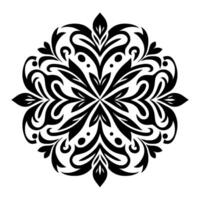 Intricate symmetrical black and white ornamental floral with stylized leaves and curves, centered on a plain white background. vector
