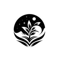 A minimalist, circular emblem, featuring a central plant nestled within a night sky adorned with stars and a moon, cradled by embracing lines. vector