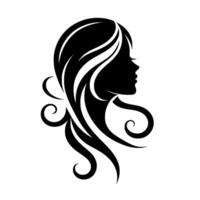 Elegant Silhouette A graceful black and white showcasing a womans profile, with flowing stylized hair and decorative curls against a pristine white backdrop. vector