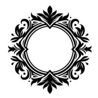 Intricate black and white circular ornamental featuring stylized floral and leaf elements, providing a decorative frame with a blank center. vector