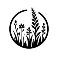 Minimalist Black and White Illustration of Wildflowers and Grasses within a Circular Frame. vector