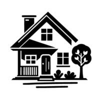 A minimalist black and white illustration of a cozy house with a porch, chimney, and a tree in a simple, clean style. vector