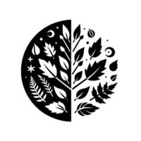 A symmetrical botanical illustration, split into black and white halves, featuring stylized leaves and plant elements arranged within a circular composition. vector