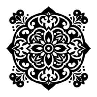 Intricate Black and White Floral Mandala with symmetrical floral patterns, elegant swirls, and dot accents on a white background. vector