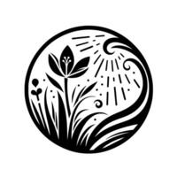 Elegant black and white circular featuring a stylized flower and organic elements, depicting nature and sun rays, with a modern, minimalist aesthetic. vector